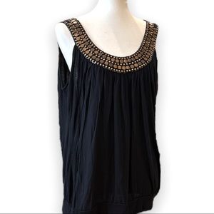 Flat sequined beaded neckline short sleeve light fabric black  top Sz 1X